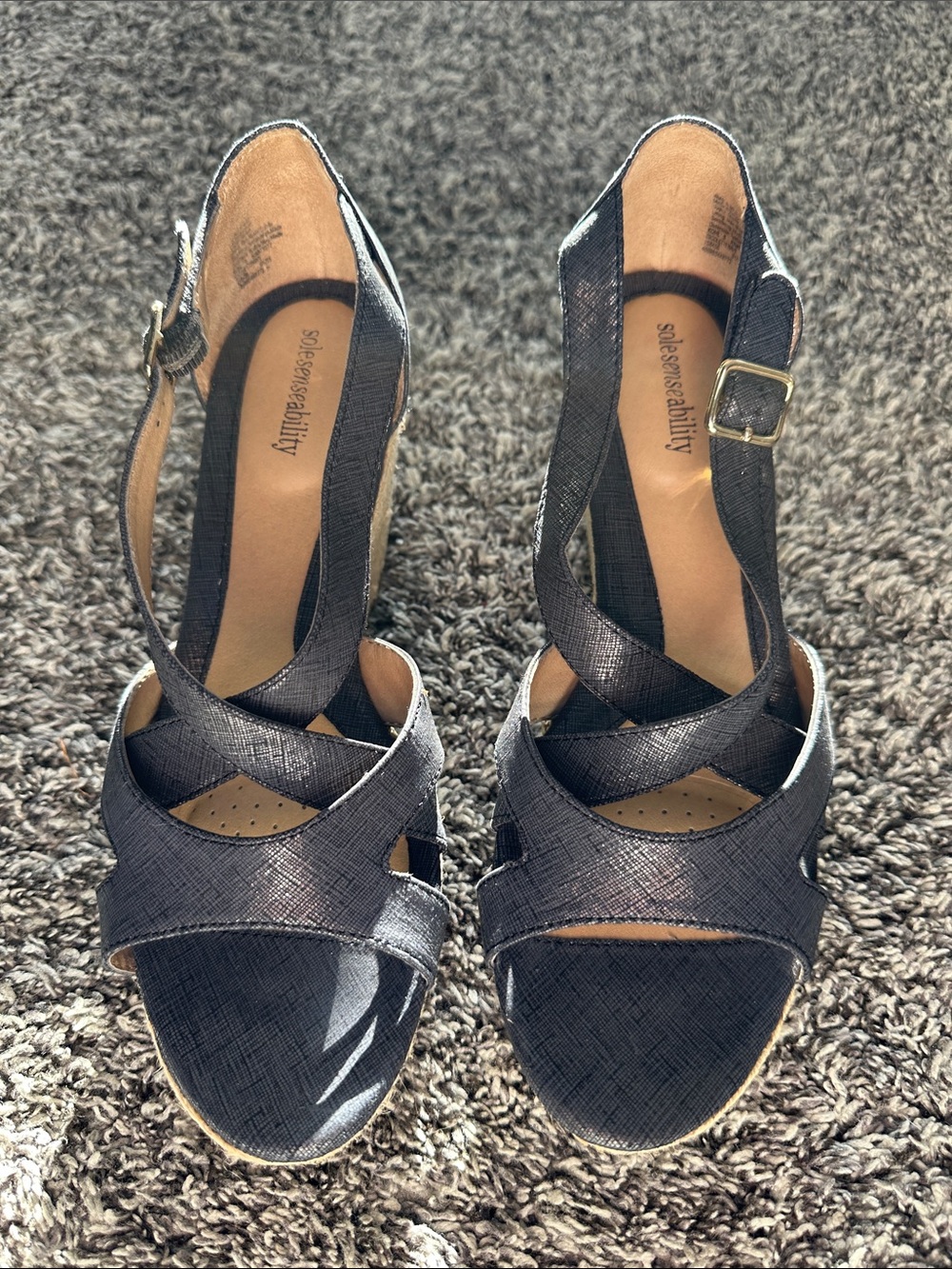 Solesenseability Navy Cross-Strap Wedge Sandals